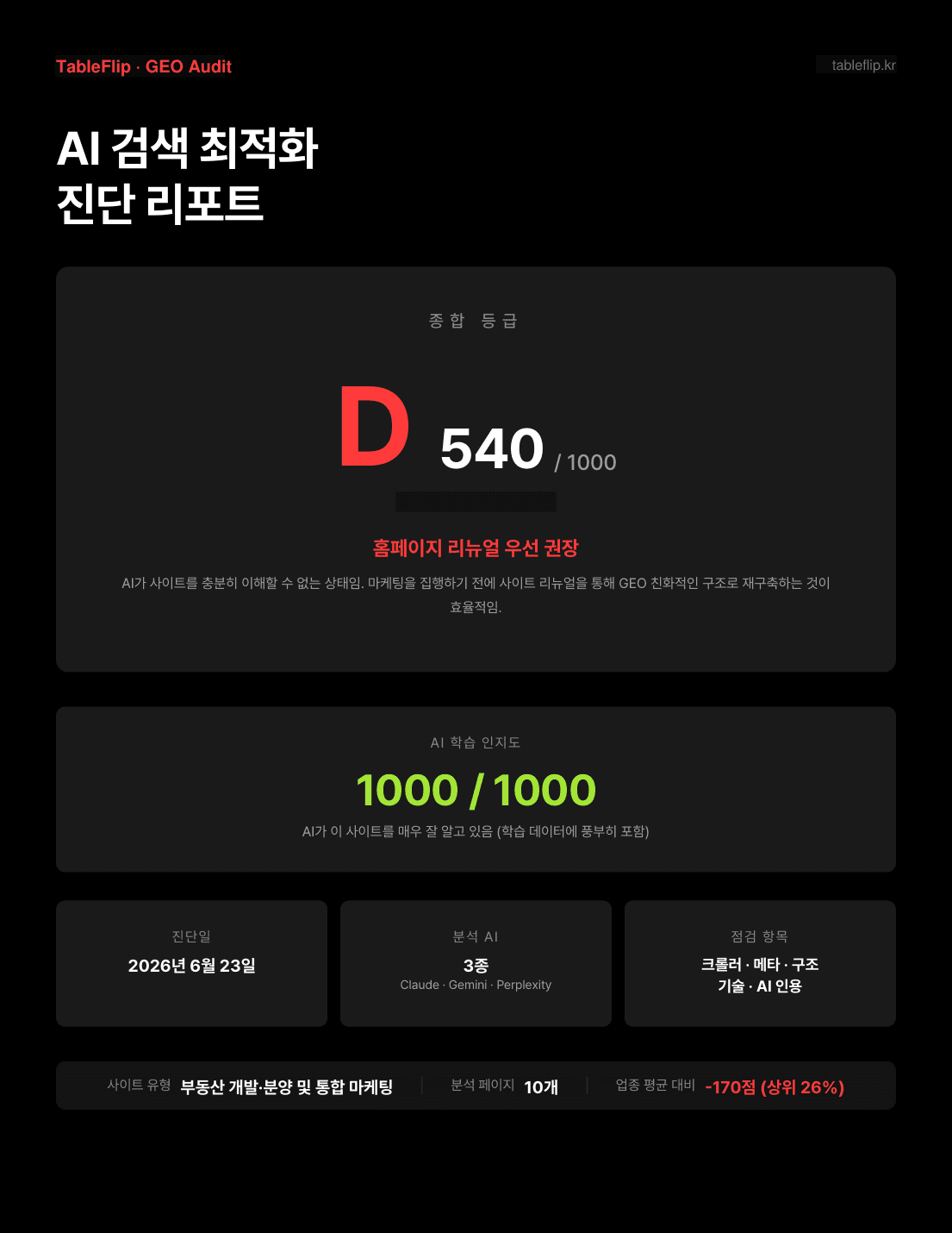 진단 리포트 표지 — 종합 등급, AI Visibility 분석 결과